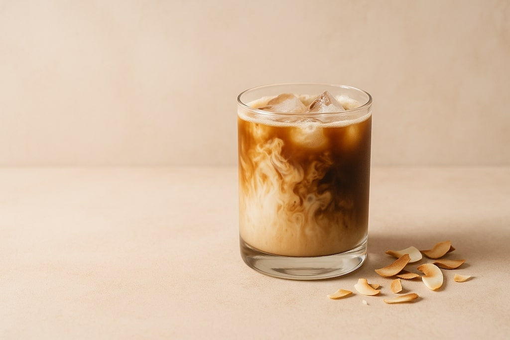 Cold Brew Iced Latte mit Eiswürfeln und Kokoschips auf cremefarbenem Hintergrund