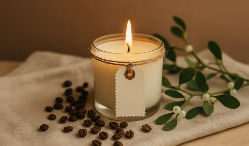 Kaffee Kerze im Glas mit losen Kaffeebohnen und Mistelzweig dekoriert