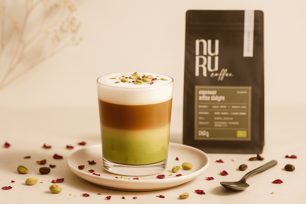 Glas mit Pistazien Kaffee und Milchschaum dekoriert mit Pistazien und Rosenblättern