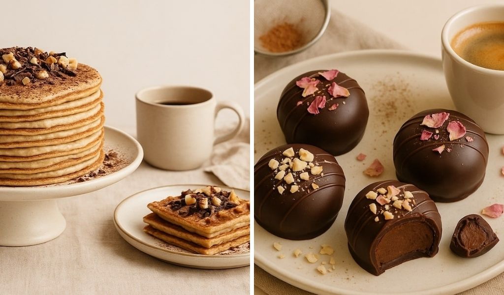 Geteiltes Bild mit Pfannkuchentorte und Espressopralinen