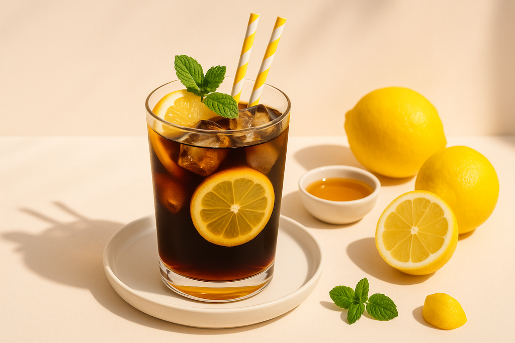 Glas gefüllt mit Cold Brew und Zitronenscheiben, Zitronen und Honig im Hintergrund