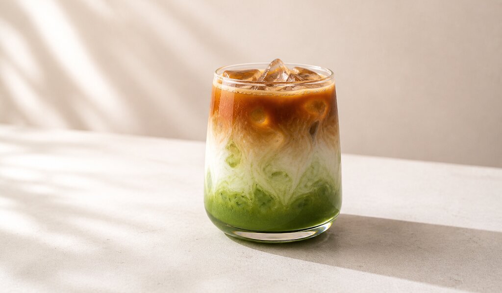 Dirty Matcha Latte mit Eiswürfeln im Glas. Neutraler Hintergrund mit sanft einfallendem Licht