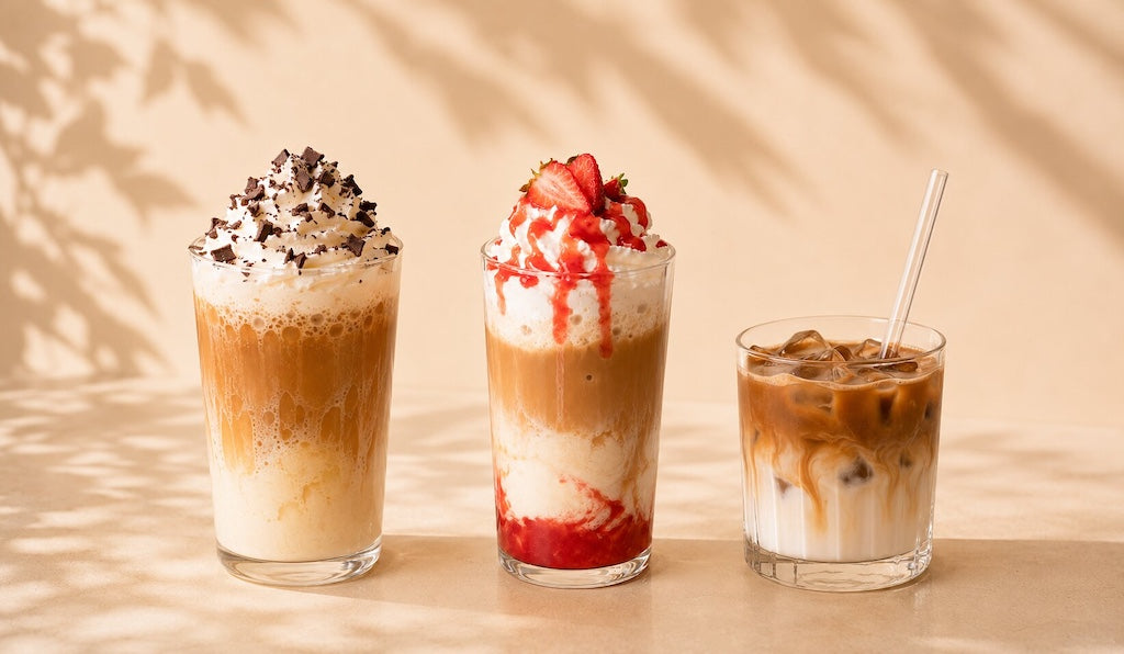 Klassischer Eiskaffee, Erdbeer Eiskaffee und Iced Latte nebeneinander