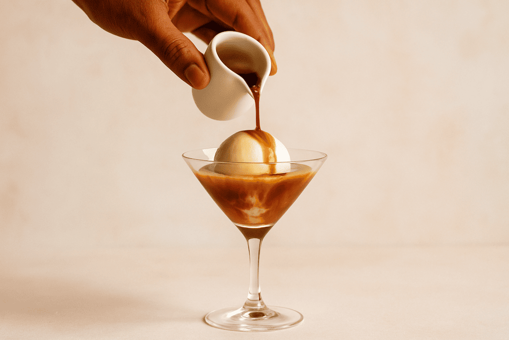 Hand hält Kännchen aus dem Espresso in langstieliges Glas mit Vanilleeis