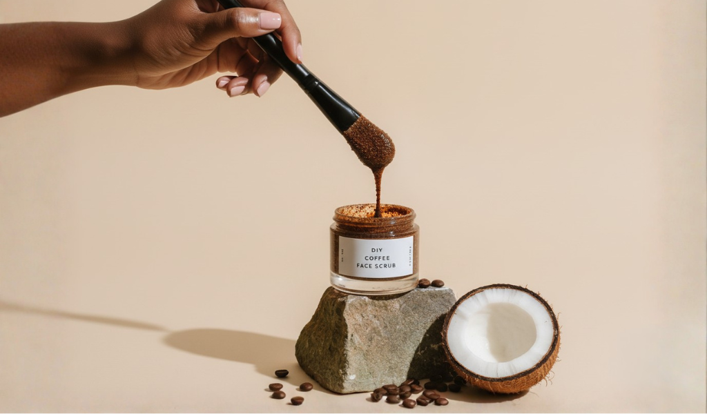 Glas mit Kaffee Peeling steht auf Stein, halbe Kokosnuss und Kaffeebohnen als dekorative Elemente.