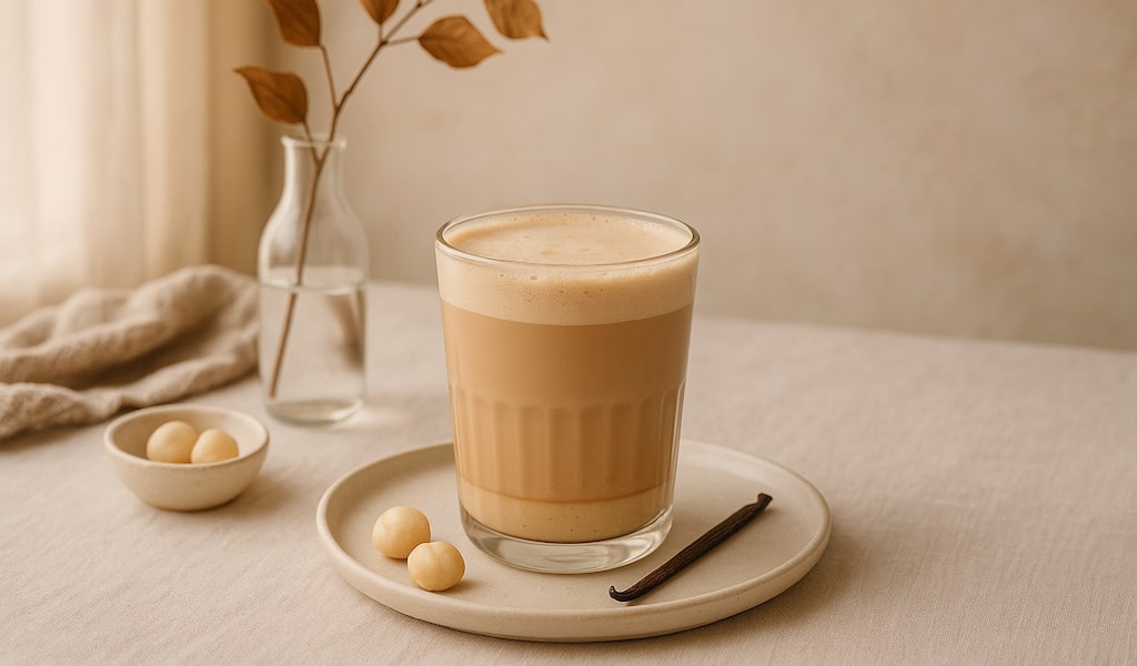 Maple Macadamia Latte im Glas mit Nüssen und Vanilleschote dekoriert