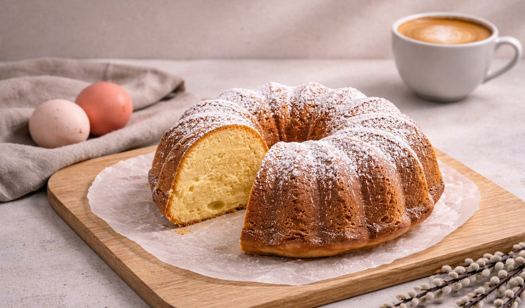 Rührkuchen mit Puderzucker bestäubt auf Holzbrett, rosa Ostereier und eine Tasse Kaffee im Hintergrund