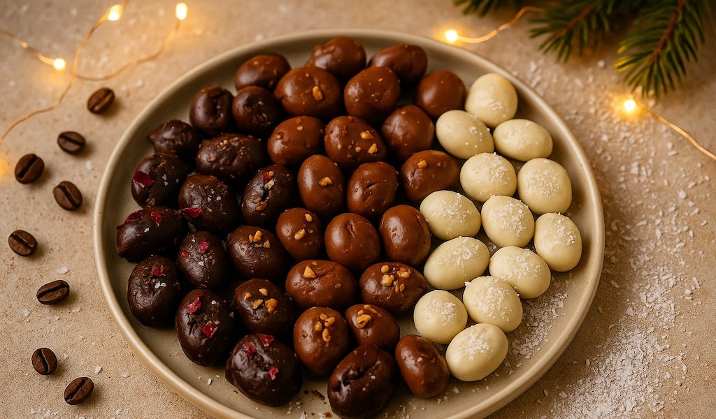 Schokolierte Kaffeebohnen in drei Sorten mit auf Keramikteller mit Tannenzweig, Lichterkette und Kokosflocken