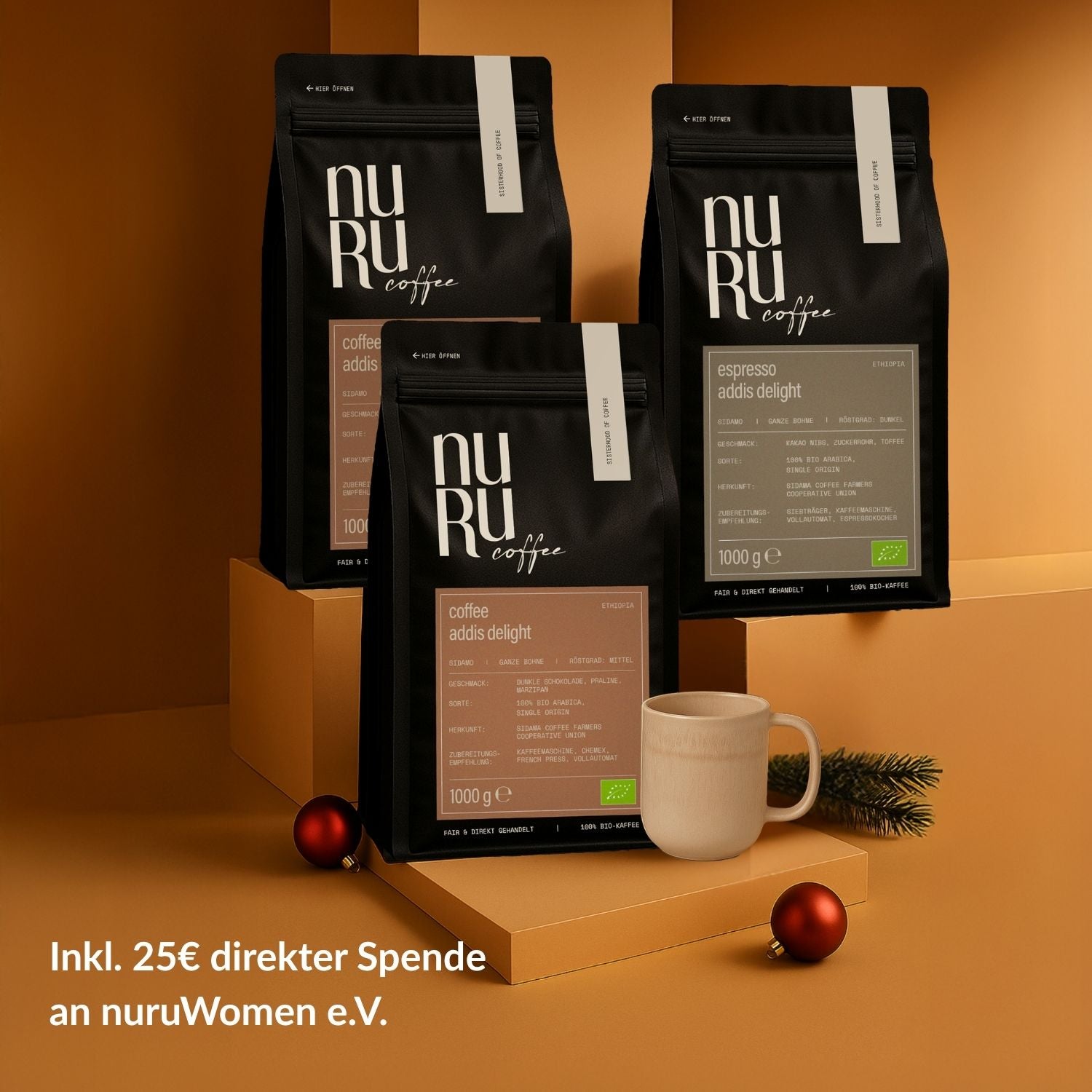 Geschenkset Empowerment: Keramiktasse mit 3x 1kg Kaffee und 25€ Spende