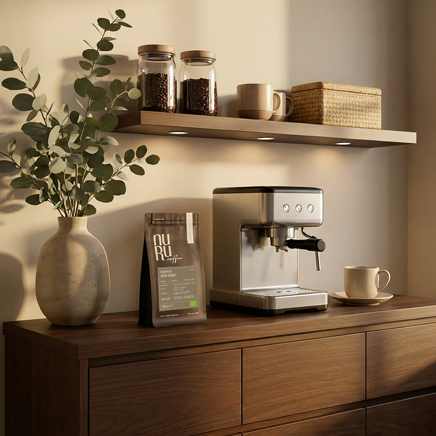 Bio Espresso neben Siebträgermaschiene auf Sideboard mit Dekoration