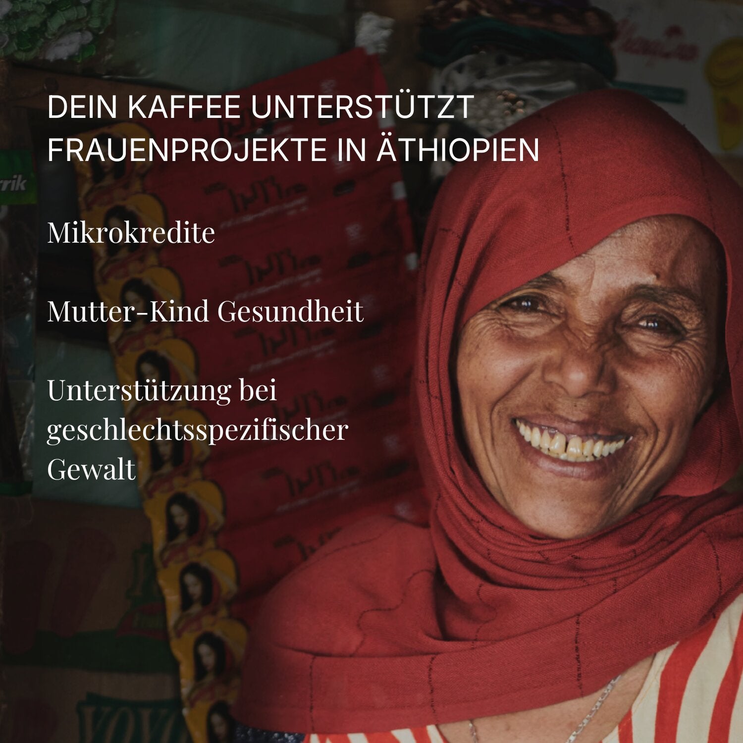 Äthiopische Frau lächelnd, Projekte von nuruWomen als Text Overlay