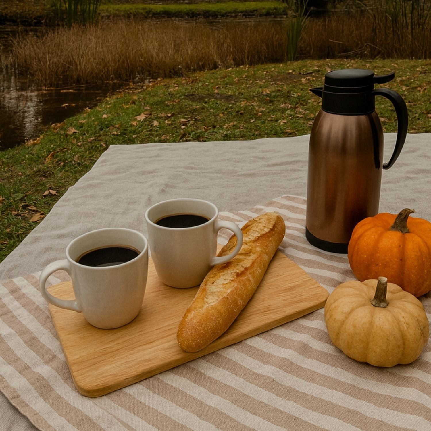 Zwei Tassen schwarzer Kaffee, Baguette, Thermoskanne und zwei Kürbisse auf gestreifter Picknickdecke.