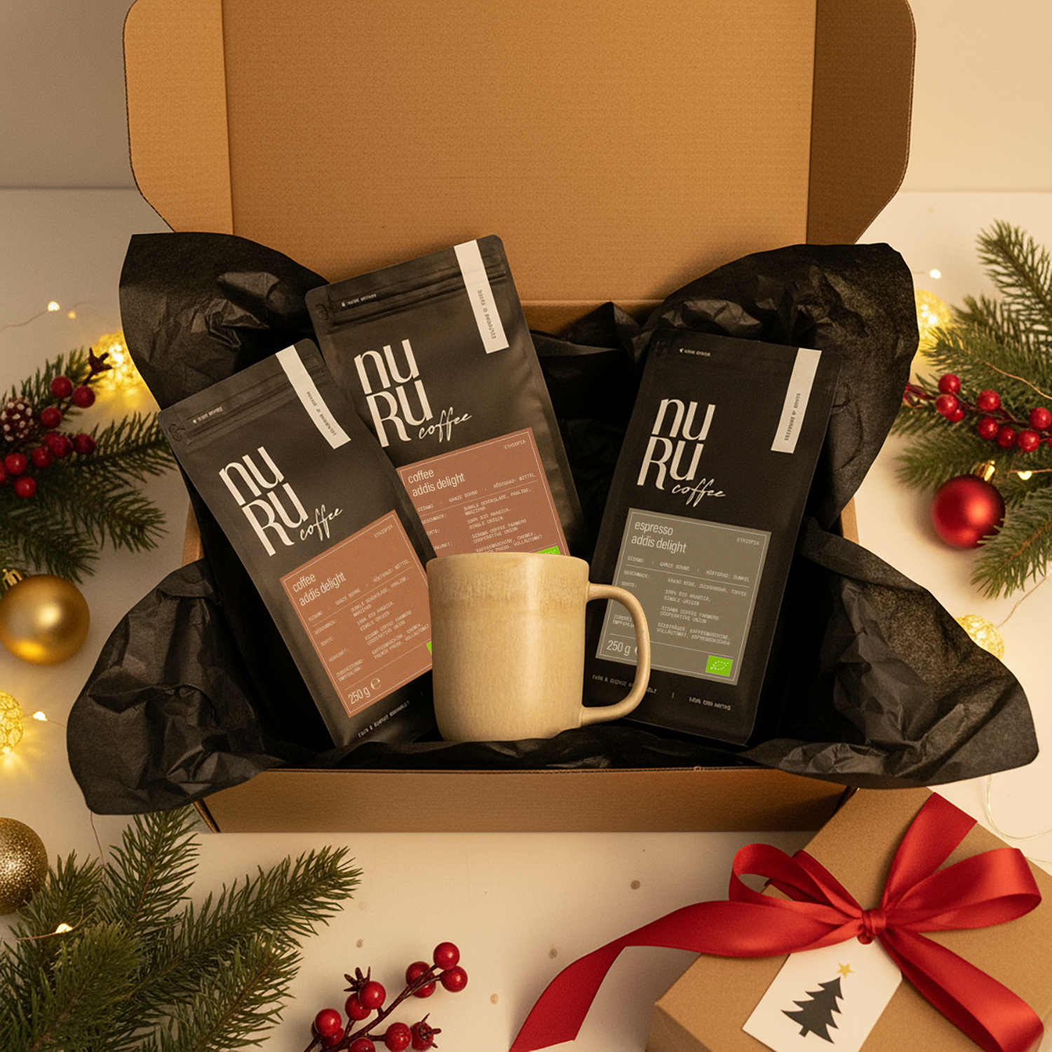 Geschenkset Kaffeeliebe: Keramiktasse mit 3x 250g Kaffee