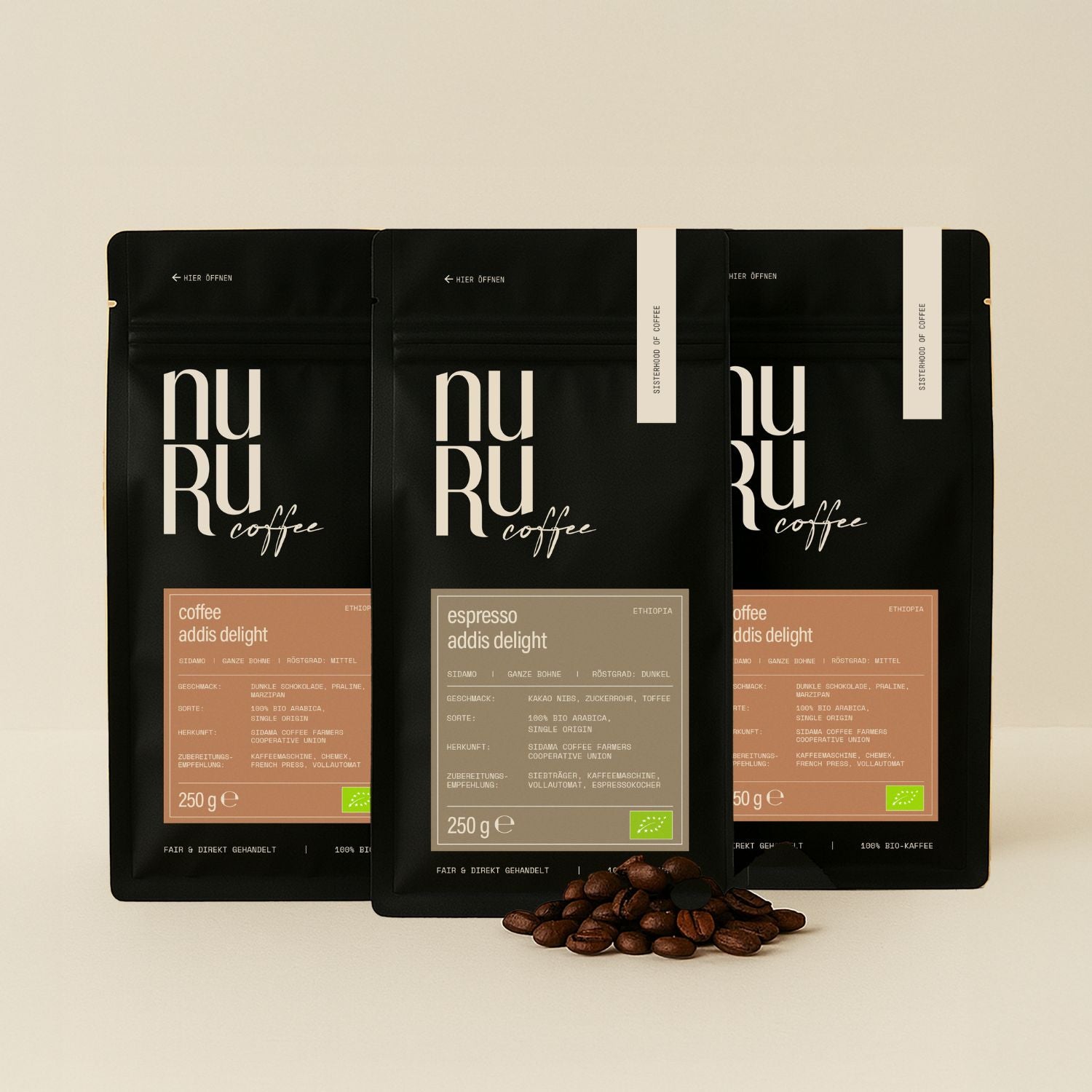 Geschenkset mit drei Packungen nuruCoffee ganze Bohne