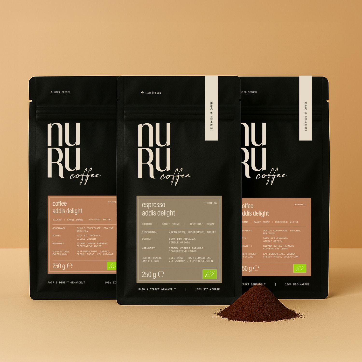 Geschenkset mit drei Packungen nuruCoffee Bio Kaffee gemahlen