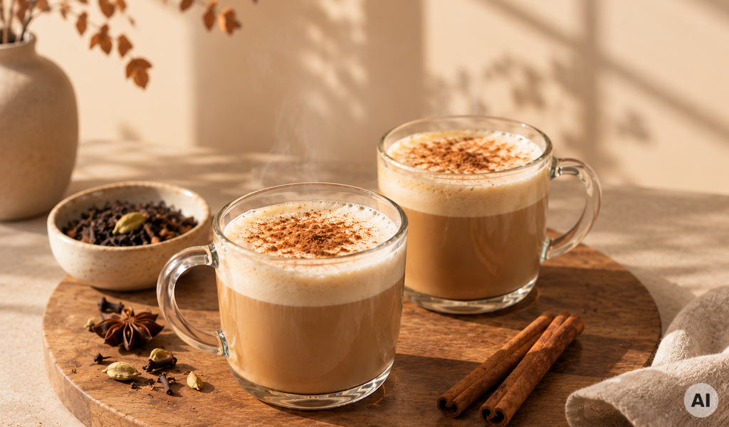 Dirty Chai Latte Rezept für zwei Tassen auf Holzplatte, Schale mit Gewürzen, Herbstsonne