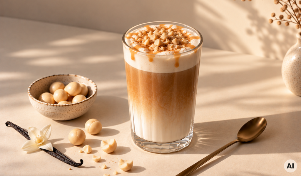Maple Macadamia Latte: Kaffee mir Ahornsirup, Vanilleschoten und Macadamia Nüssen