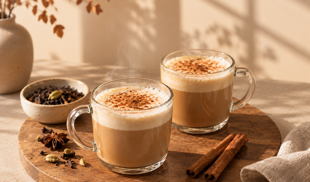 Dirty Chai Latte Rezept für zwei Tassen auf Holzplatte, Schale mit Gewürzen, Herbstsonne