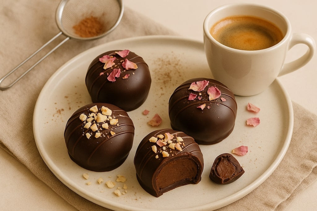 Espresso Pralinen angerichtet auf Keramikteller mit Espresso