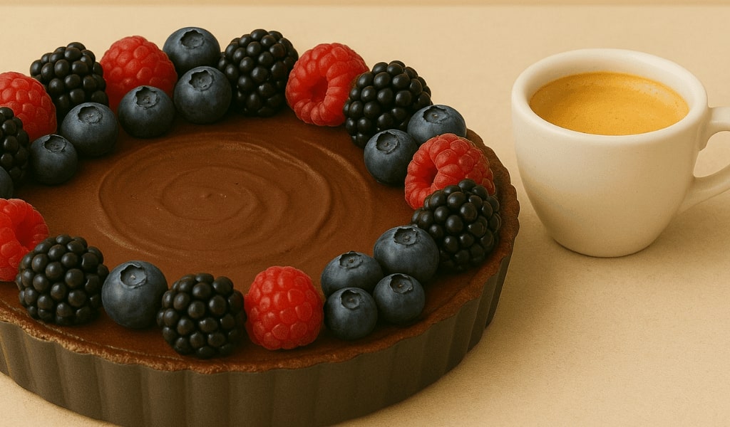 Espresso Tarte mit Beeren dekoriert und weißer Espresso Tasse im Hintergrund