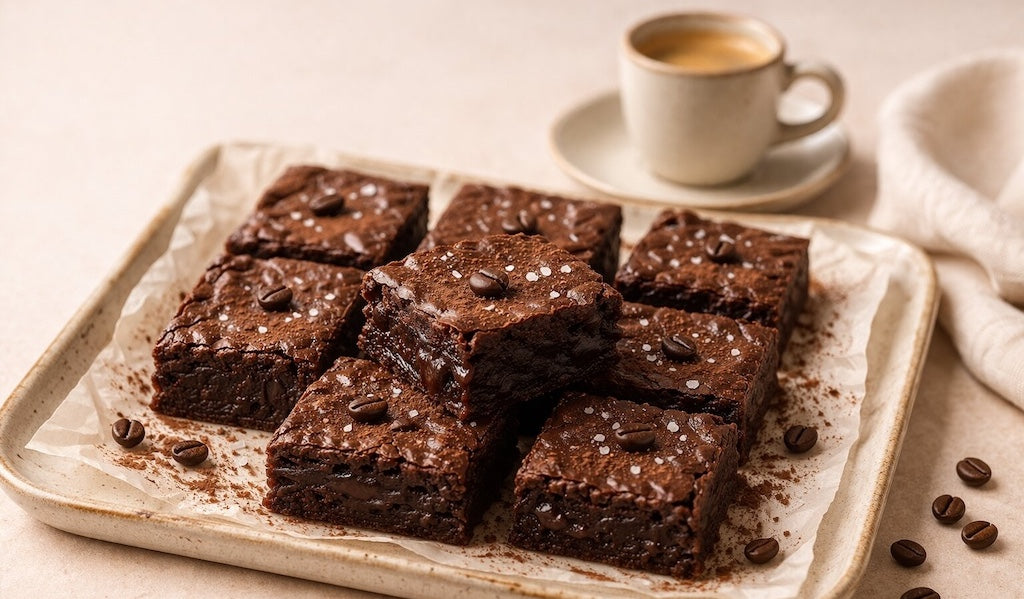Espresso Brownies auf Keramik Tablett, kleine Espressotasse im Hintergrund