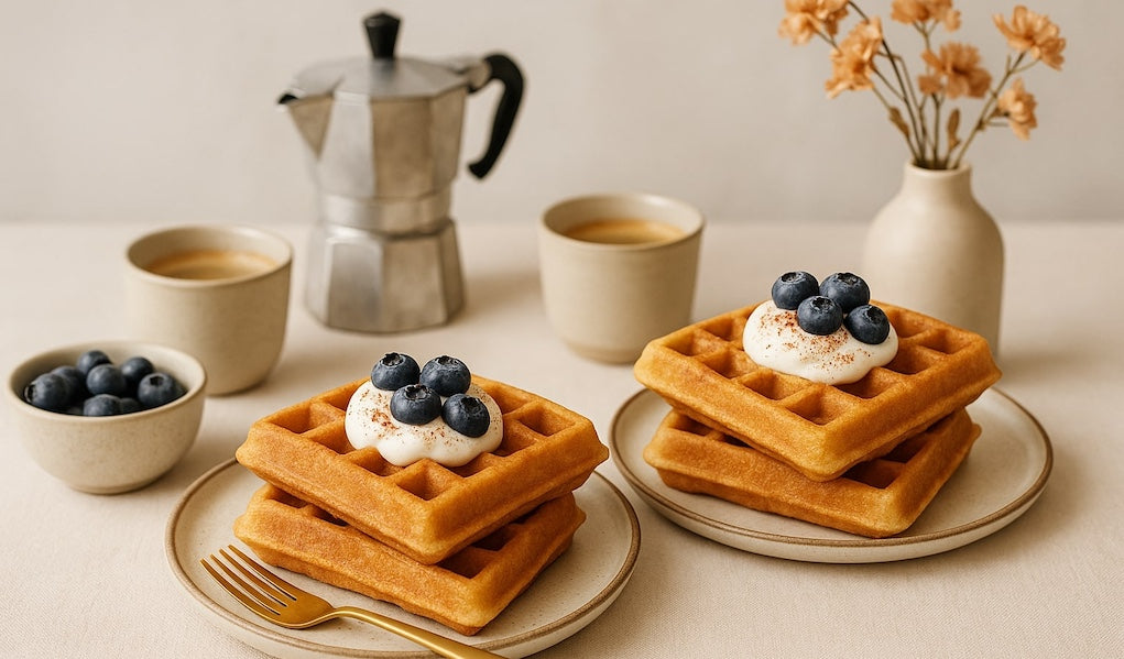 Zwei Teller mit Kaffeewaffeln, Sahne und Blaubeeren. Espresso Kocher, Kaffeetassen und Vase mit herbstlichen Blumen im Hintergrund