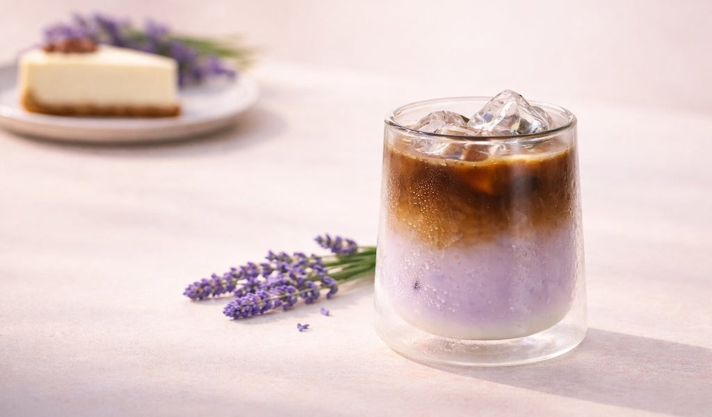 Glas mit Lavendel Latte und Eiswürfeln gefüllt, Lavendelzweig und Teller mit Cheesecake als Dekoration