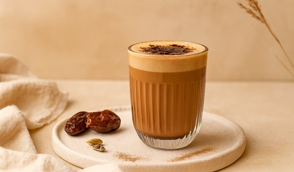Mocha Latte im Glas mit Milchschaum und Schokoladenraspeln. Ganze Datteln und Kardamomkapseln auf Keramikteller.