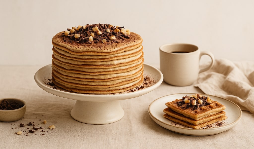 Pfannkuchentorte mit Haselnüssen und Schokolade auf Anrichteteller, daneben ein Teller mit geschnittenem Stück, Tasse mit Kaffee im Hintergrund