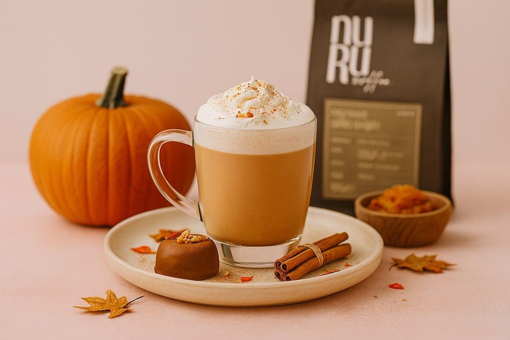 Pumkin Spice Latte im Glas zubereitet, steht auf Keramikteller mit Kürbis und Kaffee im Hintergrund