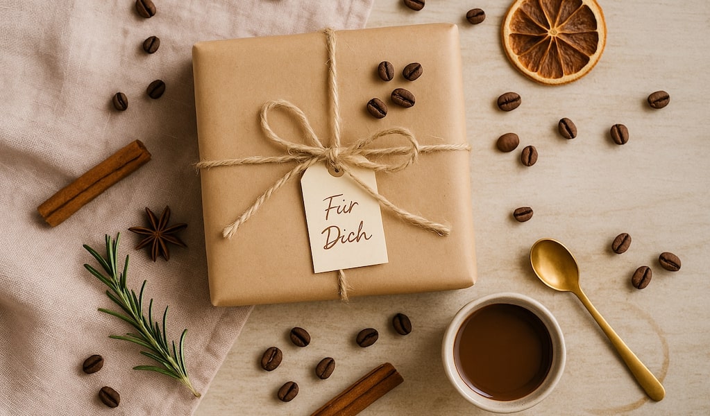 Weihnachtsgeschenk in Kraftpapier verpackt, lose Kaffeebohnen und Kaffeetasse im Hintergrund