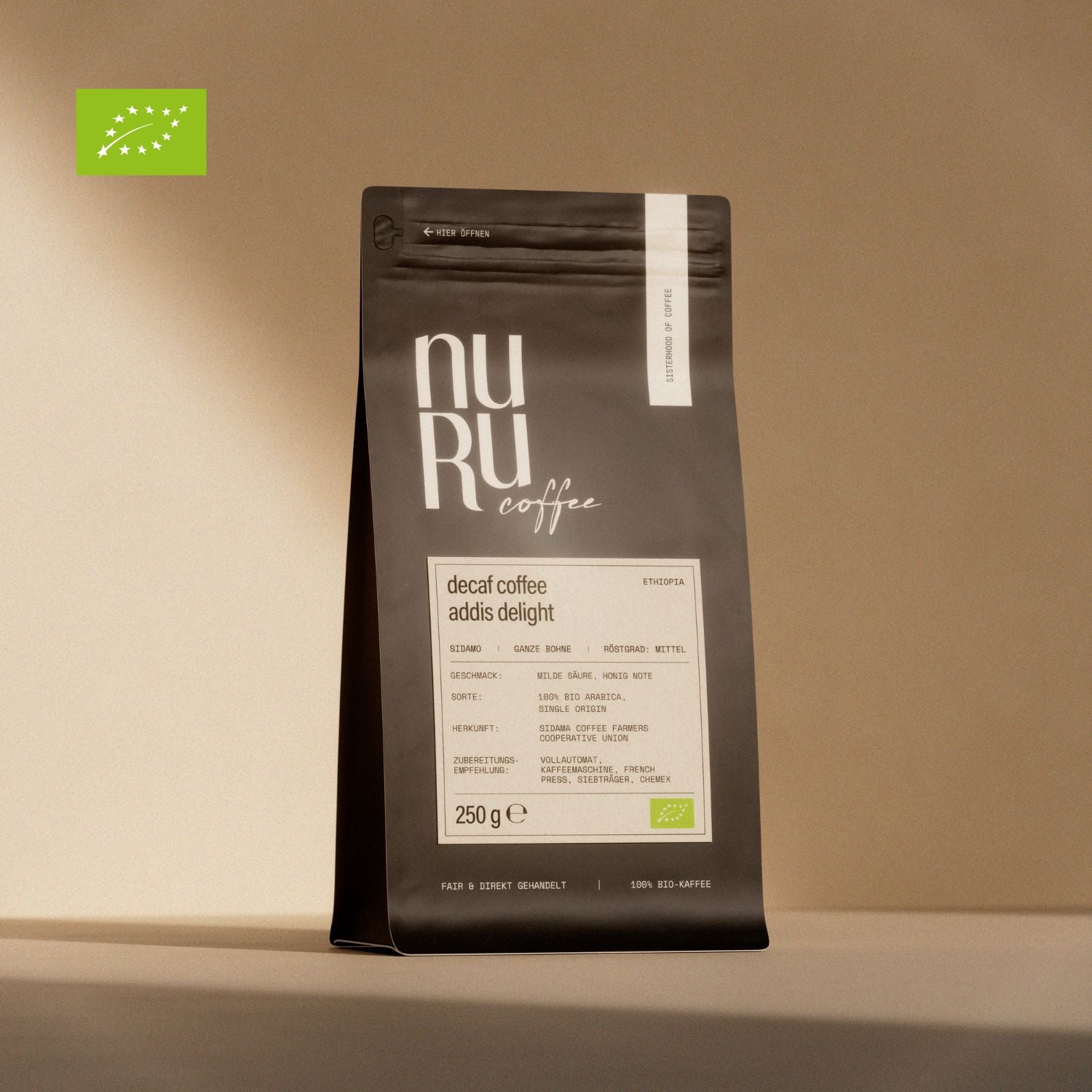 Bio Decaf Addis Delight Verpackung mit Bio Siegel