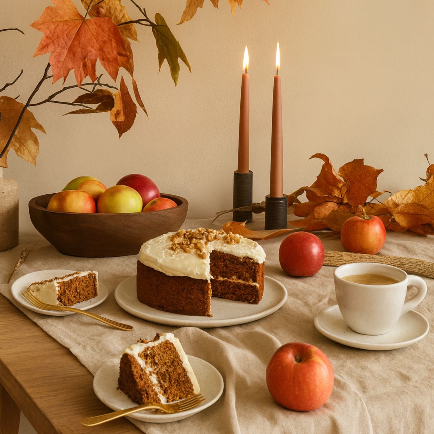 Gedeckter Tisch mit Karottenkuchen, Äpfeln und einer Tasse Bio Espresso. Herbstliche Atmosphäre