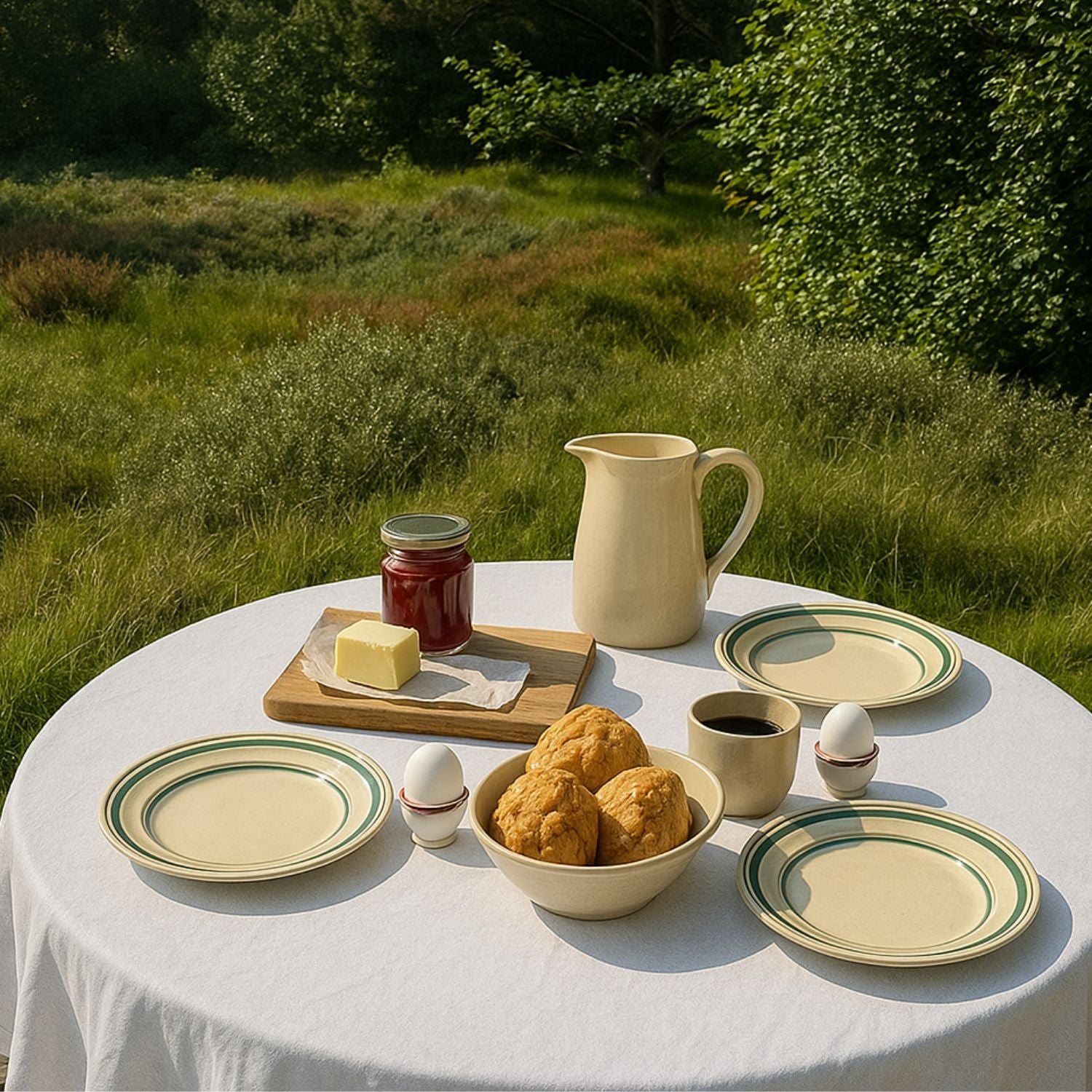 Picknicktisch im Freien mit weißer Tischdecke, gedeckt mit Kaffee, Brötchen und Eiern