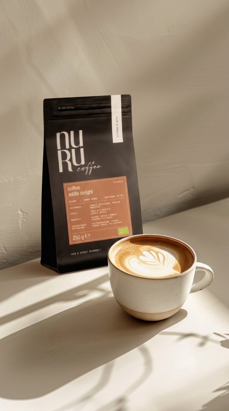 nuruCoffee Kaffeeverpackung hinter einer Tasse Kaffee zubereitet mit Latte Art, sanft einfallende Sonnenstrahlen